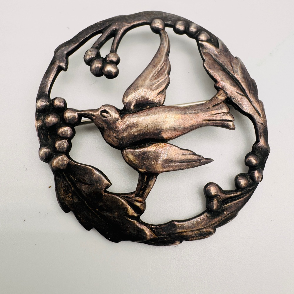 Vintage Sterling Silver Bird Brooch Wreath Circle Nature‎ Motif Art Nouveau